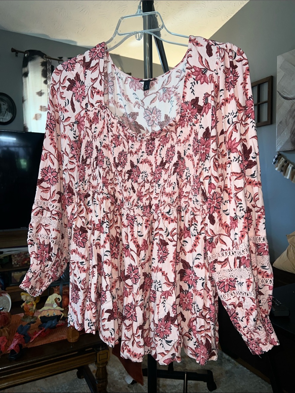 torrid Pink and Burgundy Floral Smocked Tunic
